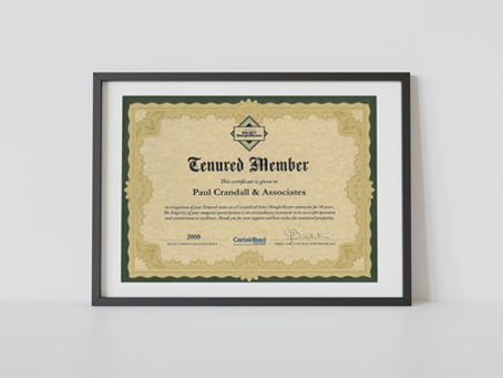 Paul Crandall & Associates framed certificate from CertainTeed for achieving Tenured Member 
