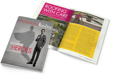 A mockup of the article Roofing With Care, by Professional Roofing Magazine titles We Can Be Heros. The cover features a man in a gray suite and his shadow has a cape. Behind the cover is an open magazine, displaying the article Roofing With Care which features the green roof system installed by Paul Crandall and associates and a picture of Paul by the fountain.  