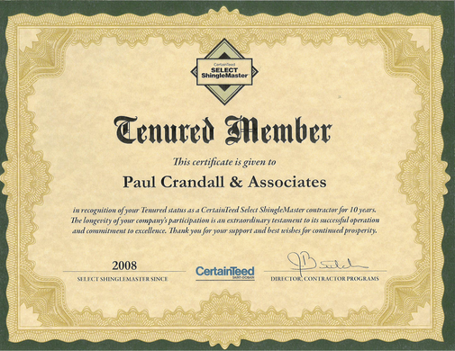 Tenured Member Certificate Awarded to Paul Crandall & Associates by CertainTeed